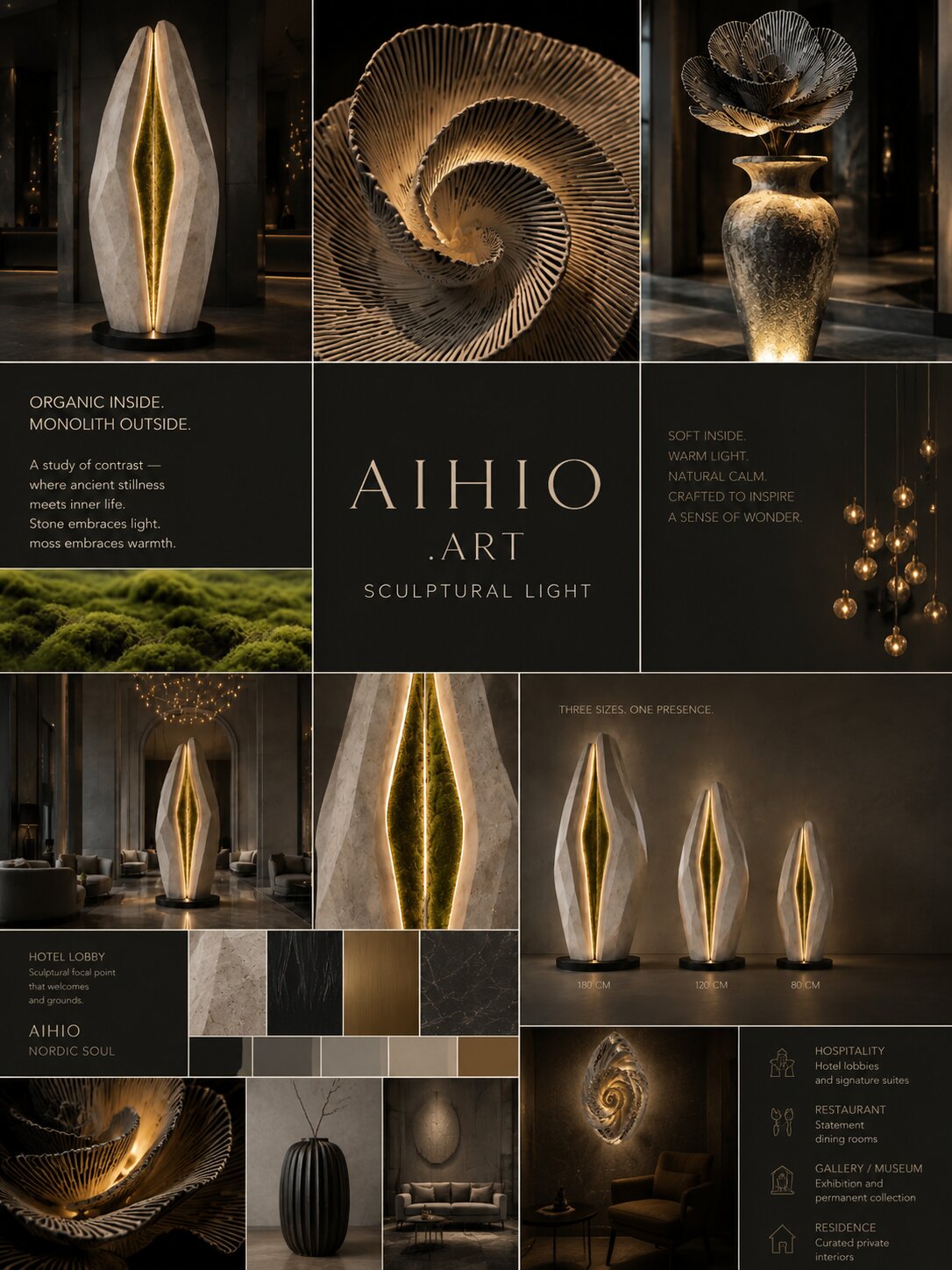 AIHIO.ART moodboard — sculptural light studies, material swatches, and scale references on a dark board.