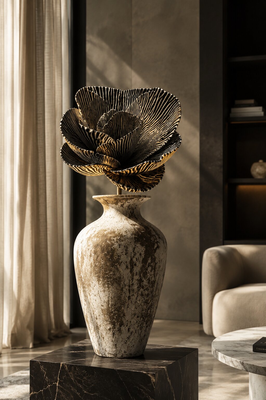 A sculptural flower-form visualised in the client's own interior, in daylight.