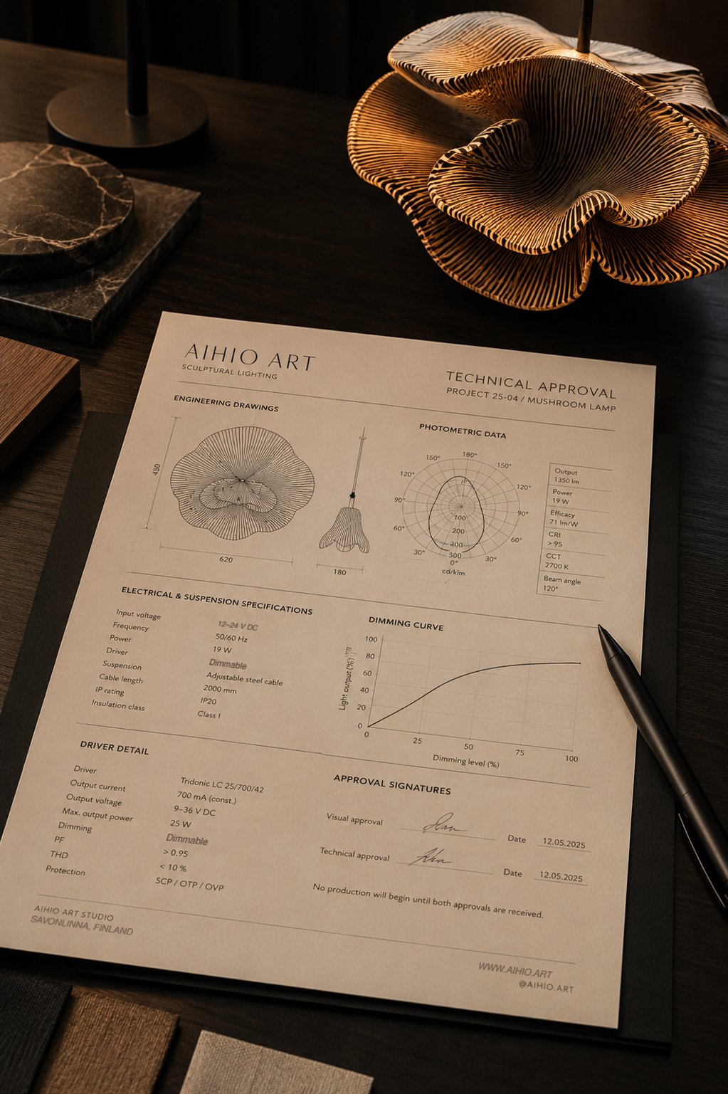 A signed technical approval sheet — engineering drawings, photometric data, and a dimming curve.