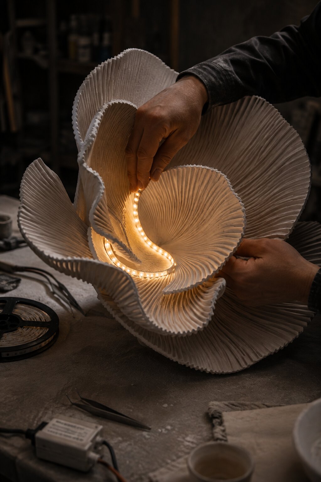 The maker's hands fitting a warm LED strip inside a pleated sculptural form on the studio bench.