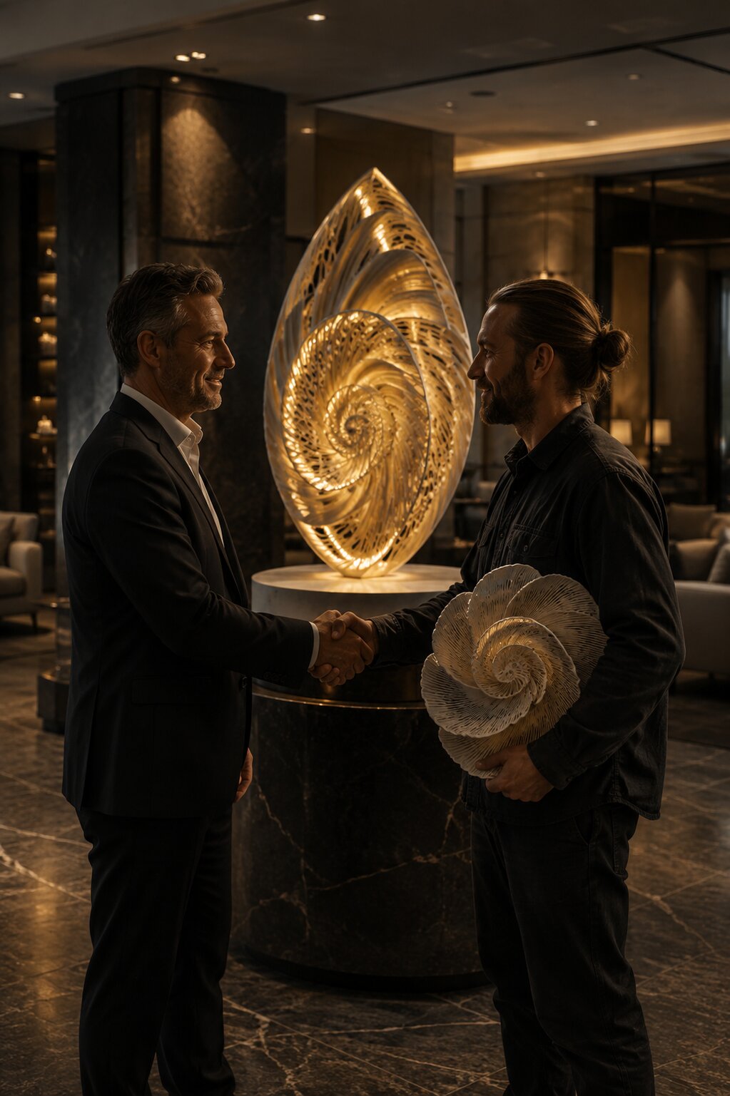 The maker and the client shaking hands in front of the installed, lit piece.